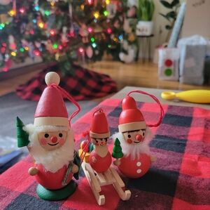Vintage Germany Village Steinbach Wooden Santa Ornaments Set Of 3